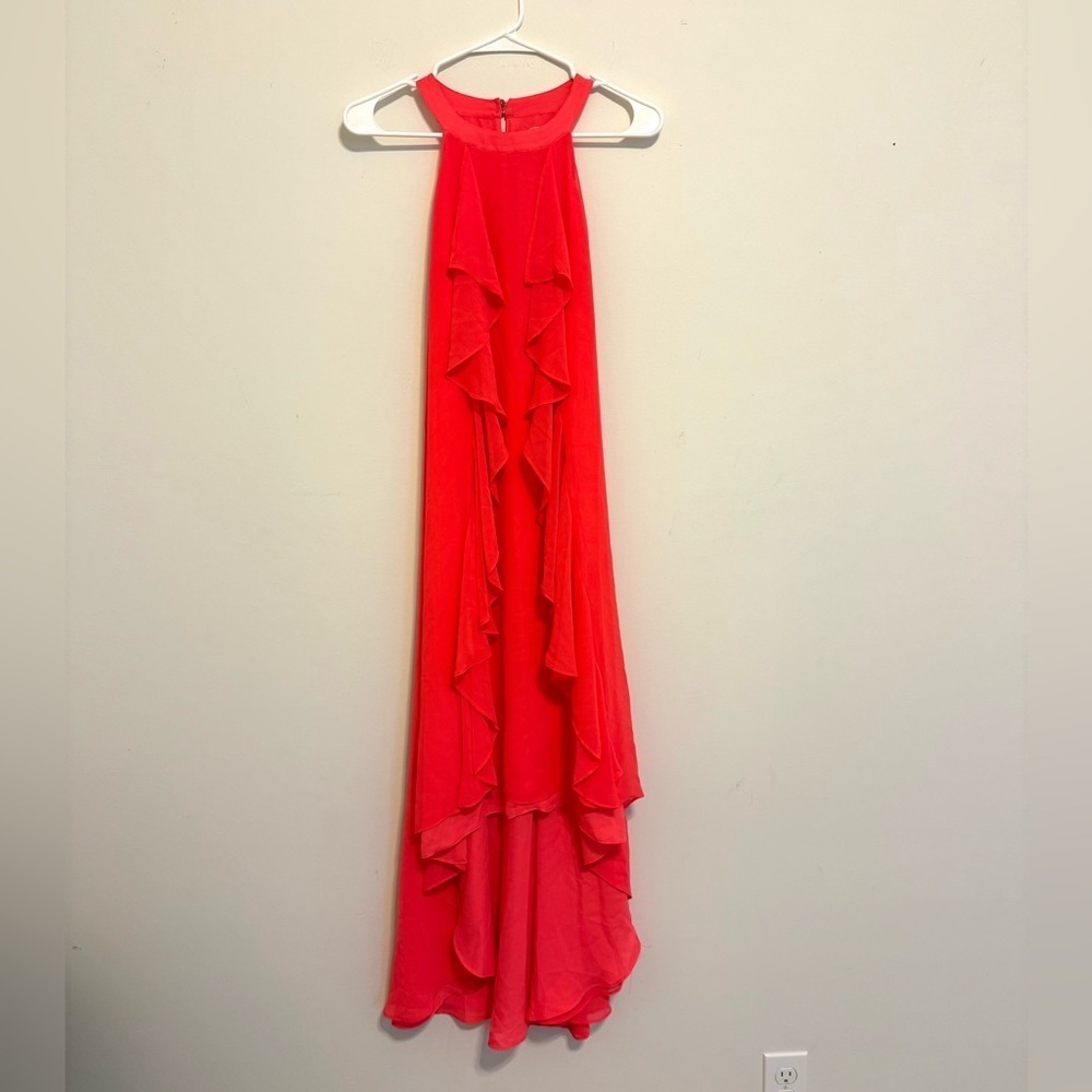 2/$30 Jennifer Lopez - Vibrant Coral Ruffle Maxi High Low Dress - Isla del Sol - Picture 3 of 9